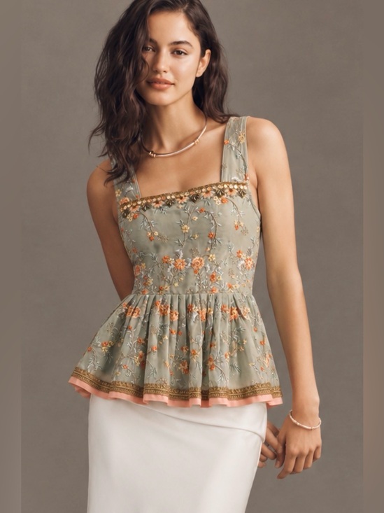 Tops - Embroidered Organza Peplum Top Mirror Sequin Indian Boho S